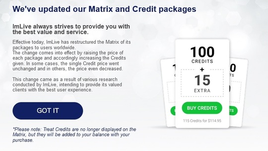 ImLive's updated to credit package pricing